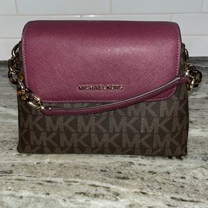 Michael Kors Small Portia Brown Signature Plum Satchel Crossbody Bag